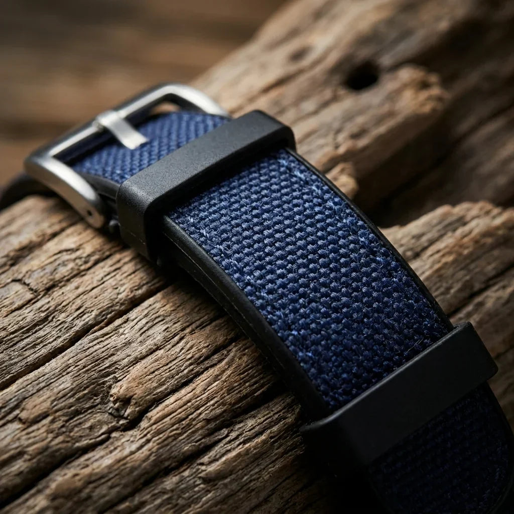 Bonoboss Correa Canvas + TPU 22mm Azul - macro textura material natural #editorial_ctx_macro_texture #color_azul