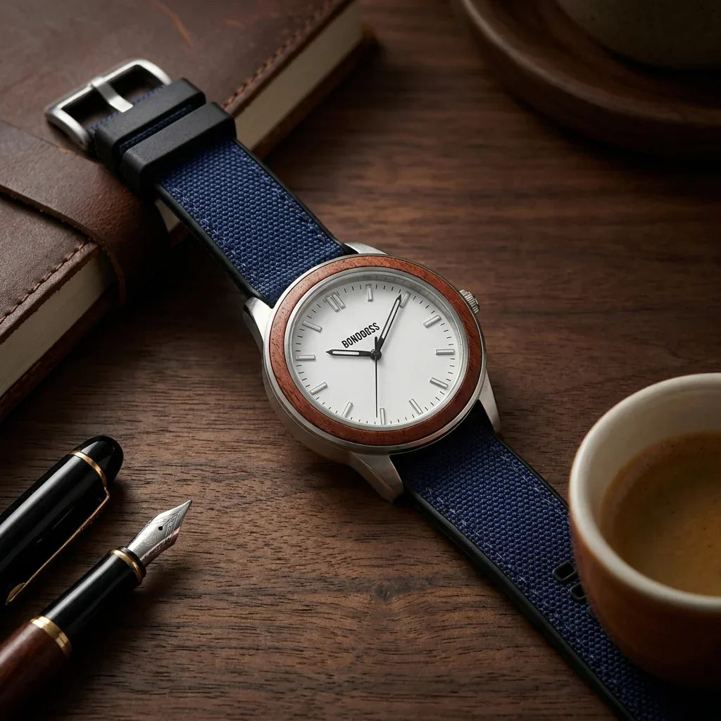 Bonoboss Correa Canvas + TPU 22mm Azul - still life premium madera reloj props #editorial_ctx_premium_stilllife #color_azul