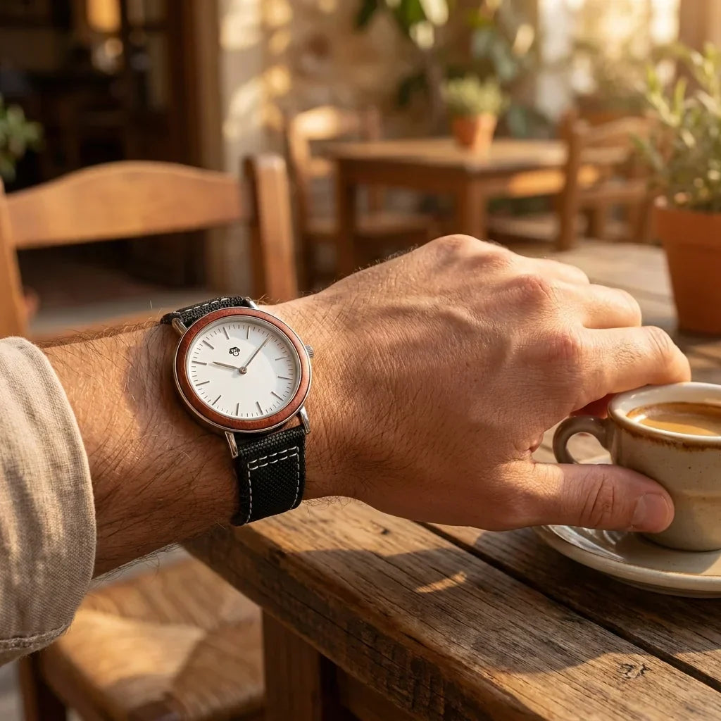 Bonoboss Correa Canvas + TPU 22mm Negro - lifestyle muneca con reloj Toki Bonoboss #editorial_ctx_wrist_action #color_negro