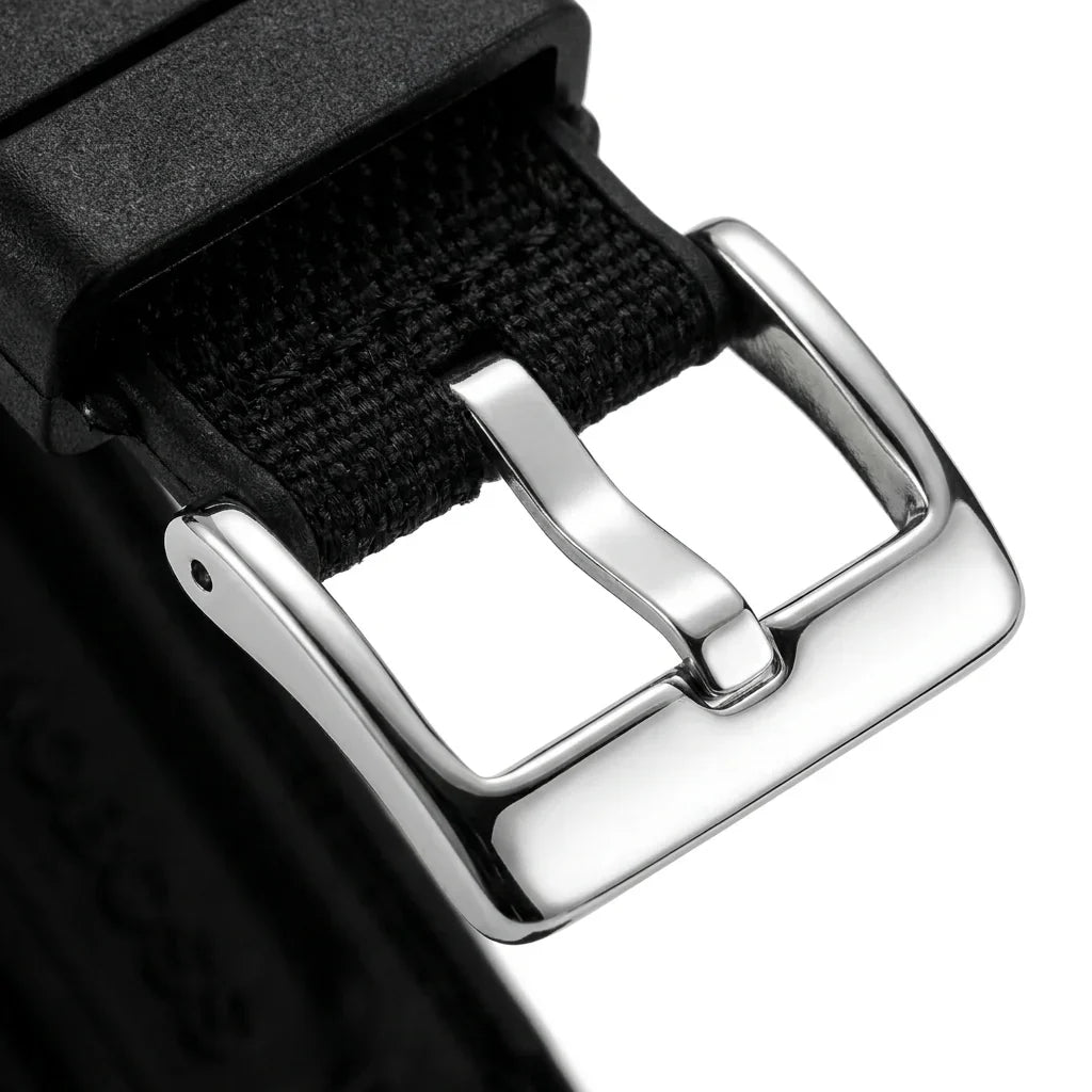 Bonoboss Correa Canvas + TPU 22mm Negro - macro detalle hebilla plateada #editorial_wb_buckle_detail #color_negro