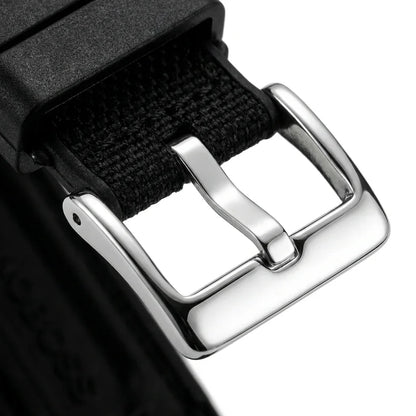 Bonoboss Correa Canvas + TPU 22mm Negro - macro detalle hebilla plateada #editorial_wb_buckle_detail #color_negro