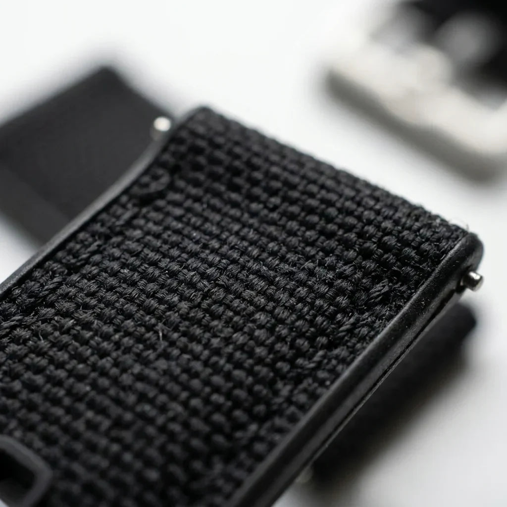 Bonoboss Correa Canvas + TPU 22mm Negro - macro detalle costura textura #editorial_wb_macro_stitch #color_negro