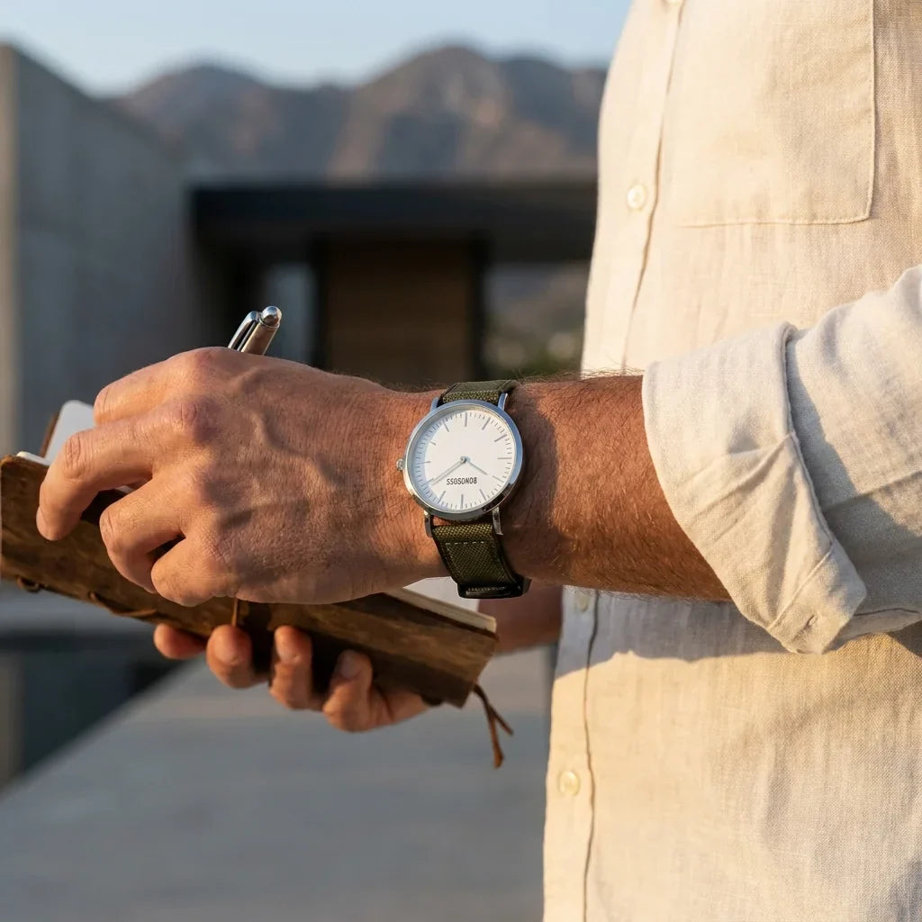 Bonoboss Correa Canvas + TPU 22mm Verde - lifestyle editorial modelo con reloj #editorial_ctx_lifestyle_full #color_verde