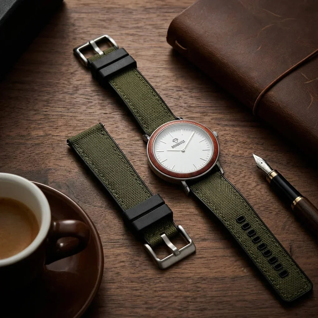 Bonoboss Correa Canvas + TPU 22mm Verde - still life premium madera reloj props #editorial_ctx_premium_stilllife #color_verde
