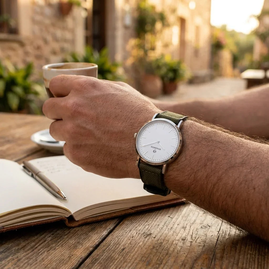 Bonoboss Correa Canvas + TPU 22mm Verde - lifestyle muneca con reloj Toki Bonoboss #editorial_ctx_wrist_action #color_verde