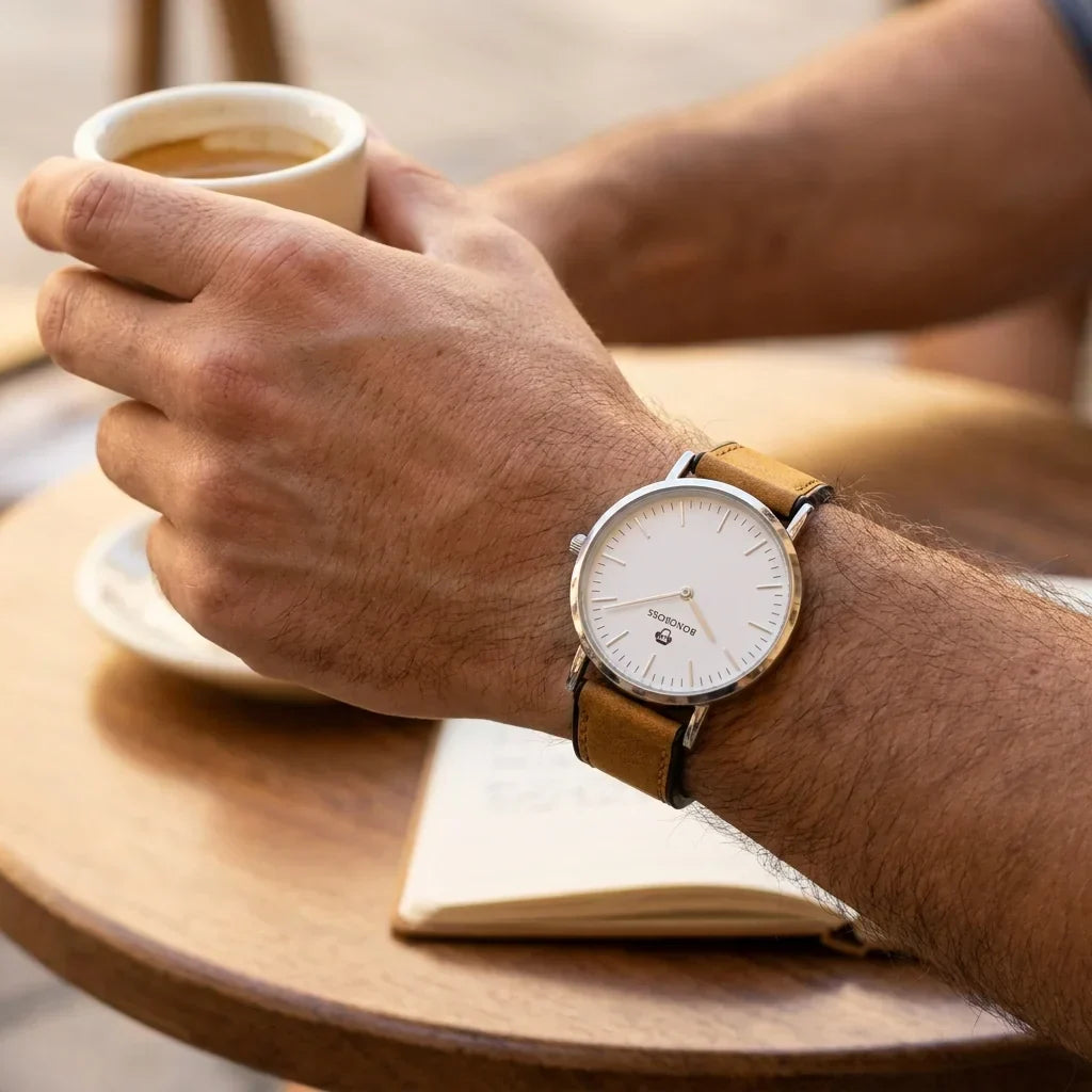 Bonoboss Correa Cuero Premium 22mm Cafe Claro - lifestyle muneca con reloj Toki Bonoboss #editorial_ctx_wrist_action #color_cafe-claro