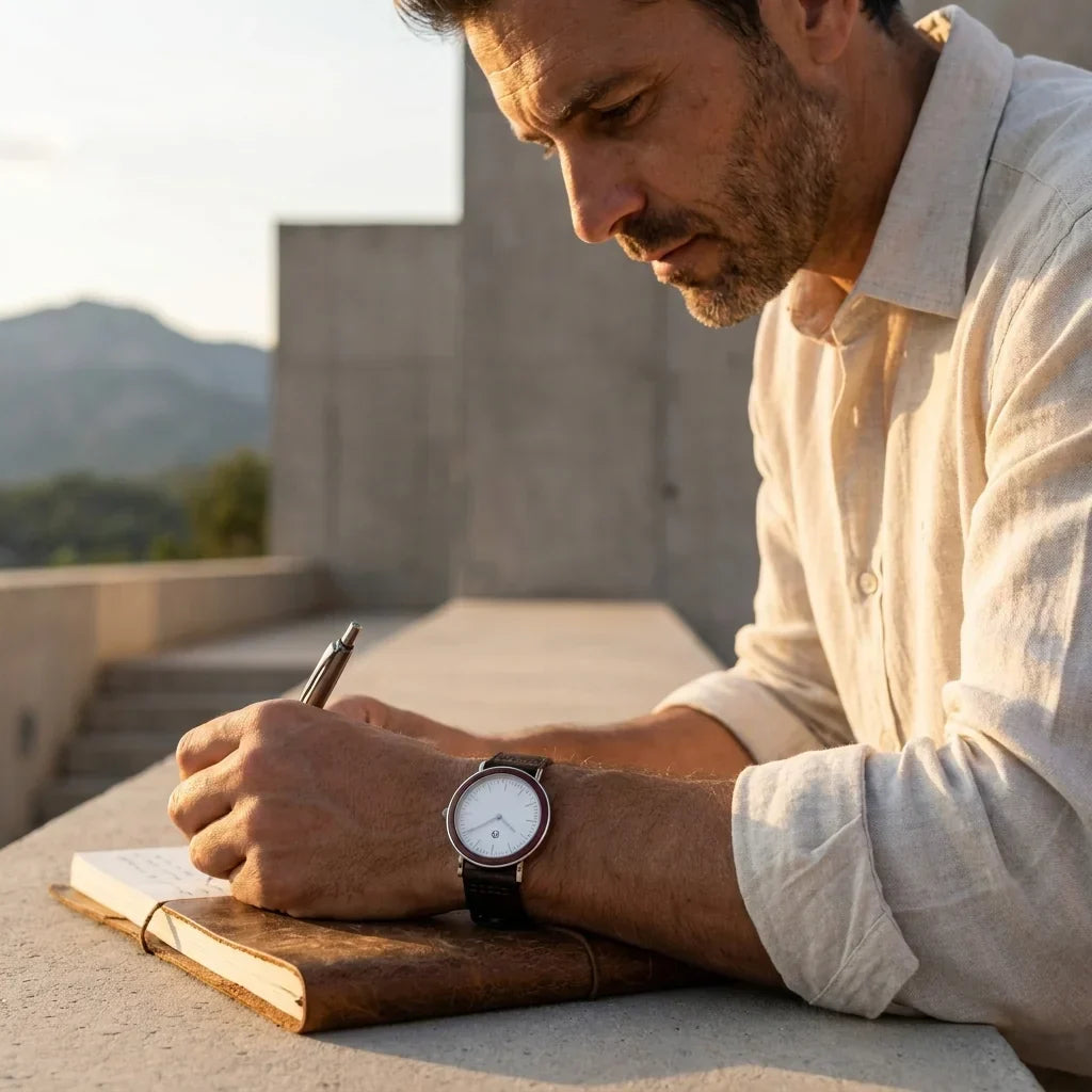 Bonoboss Correa Cuero Premium 22mm Cafe Oscuro - lifestyle editorial modelo con reloj #editorial_ctx_lifestyle_full #color_cafe-oscuro