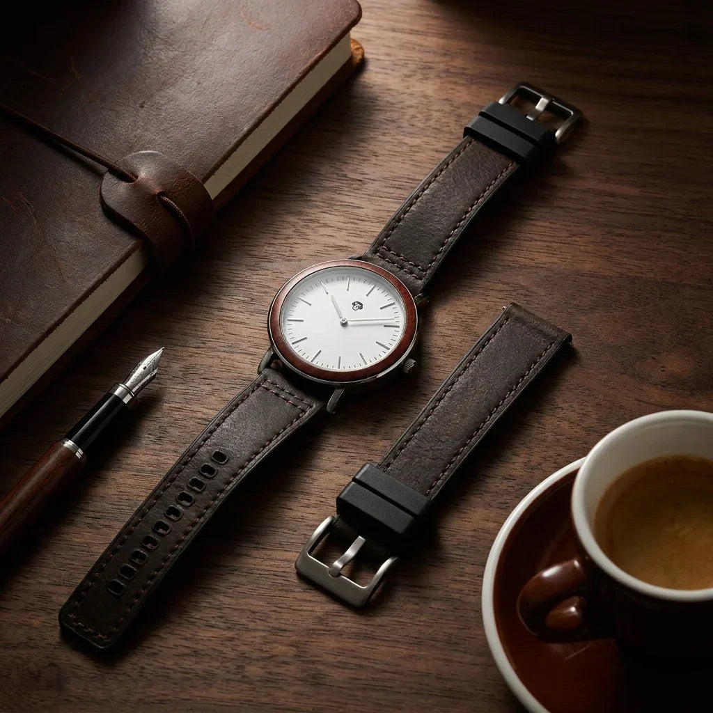 Bonoboss Correa Cuero Premium 22mm Cafe Oscuro - still life premium madera reloj props #editorial_ctx_premium_stilllife #color_cafe-oscuro