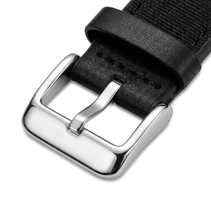 Bonoboss Correa Cuero Premium 22mm Negro - macro detalle hebilla plateada #editorial_wb_buckle_detail #color_negro
