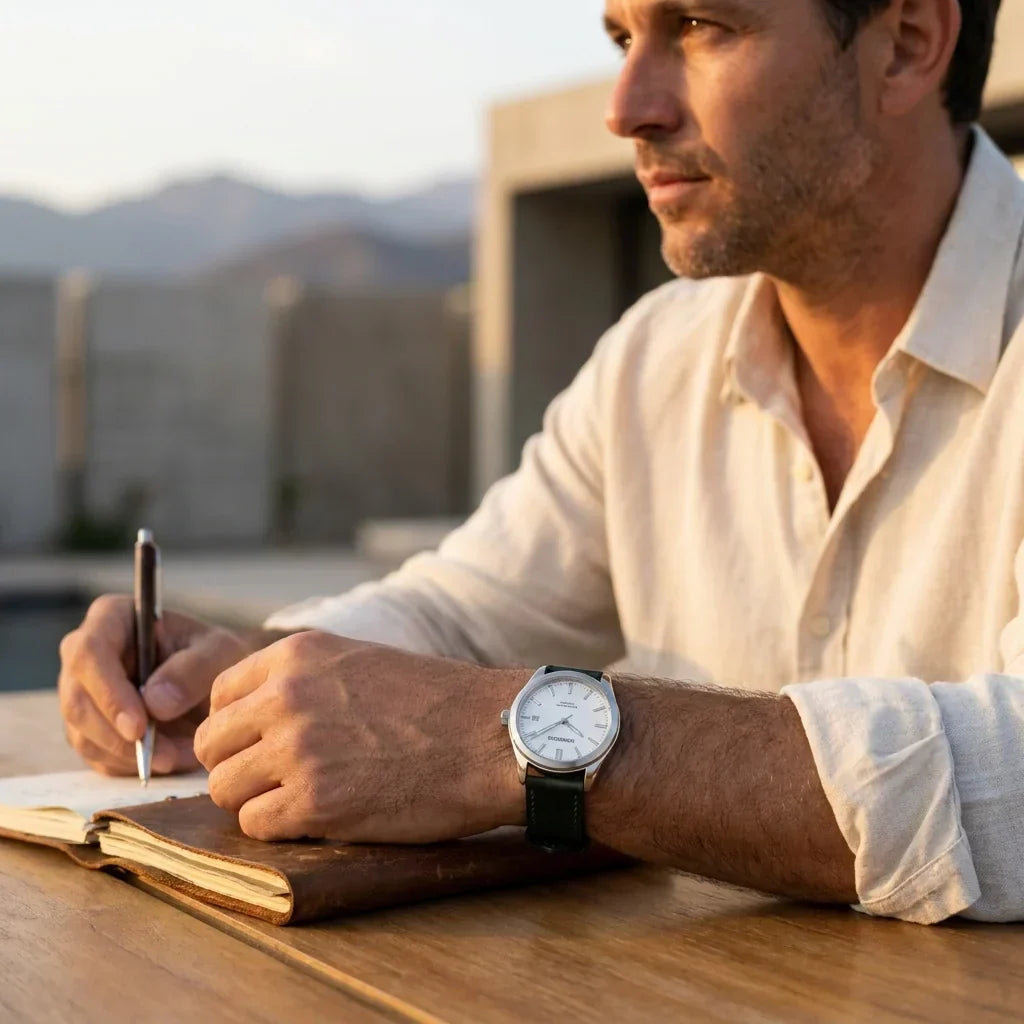 Bonoboss Correa Cuero Premium 22mm Verde - lifestyle editorial modelo con reloj #editorial_ctx_lifestyle_full #color_verde