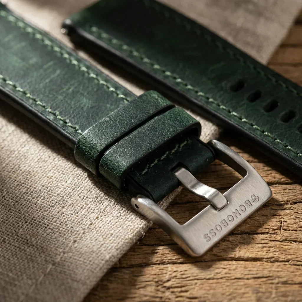 Bonoboss Correa Cuero Premium 22mm Verde - macro textura material natural #editorial_ctx_macro_texture #color_verde