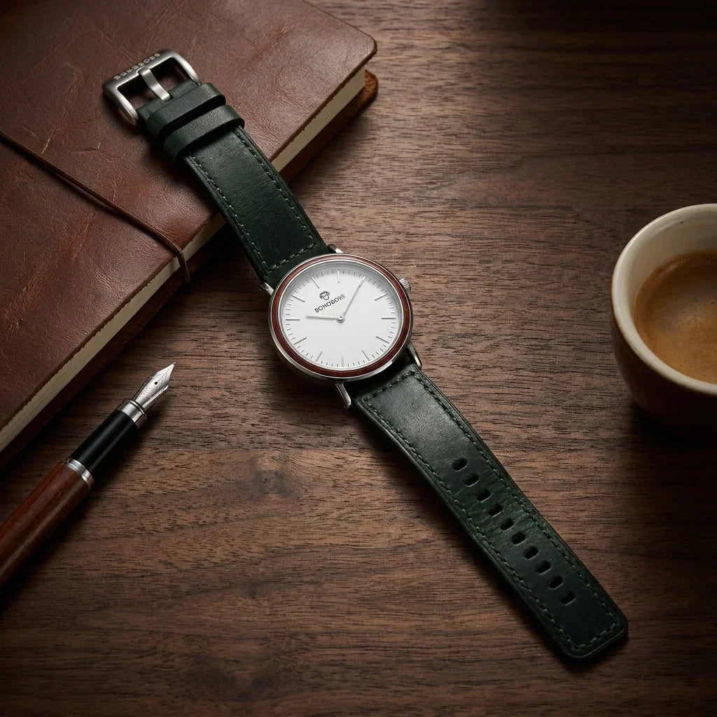 Bonoboss Correa Cuero Premium 22mm Verde - still life premium madera reloj props #editorial_ctx_premium_stilllife #color_verde