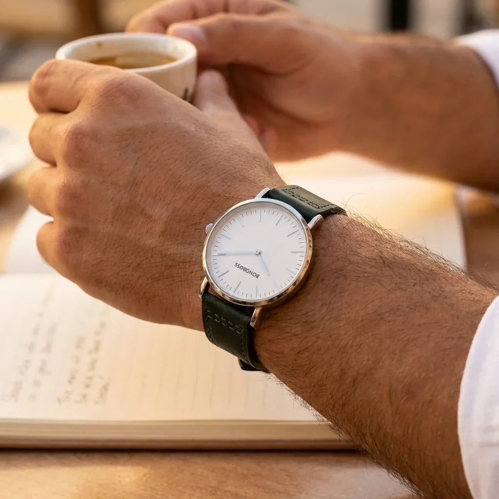 Bonoboss Correa Cuero Premium 22mm Verde - lifestyle muneca con reloj Toki Bonoboss #editorial_ctx_wrist_action #color_verde