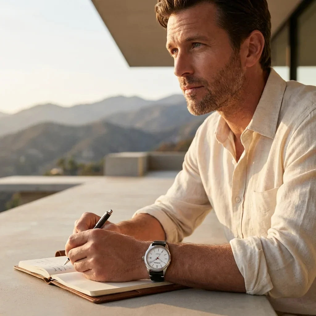 Bonoboss Correa Cuero Premium 22mm Negro - lifestyle editorial modelo con reloj #editorial_ctx_lifestyle_full #color_negro
