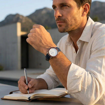 Bonoboss Correa Cuero Premium 22mm Azul - lifestyle editorial modelo con reloj #editorial_ctx_lifestyle_full #color_azul