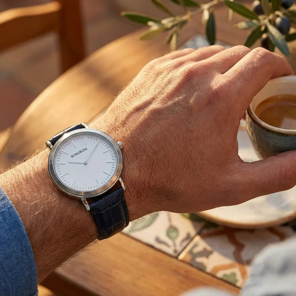 Bonoboss Correa Cuero Premium 22mm Azul - lifestyle muneca con reloj Toki Bonoboss #editorial_ctx_wrist_action #color_azul
