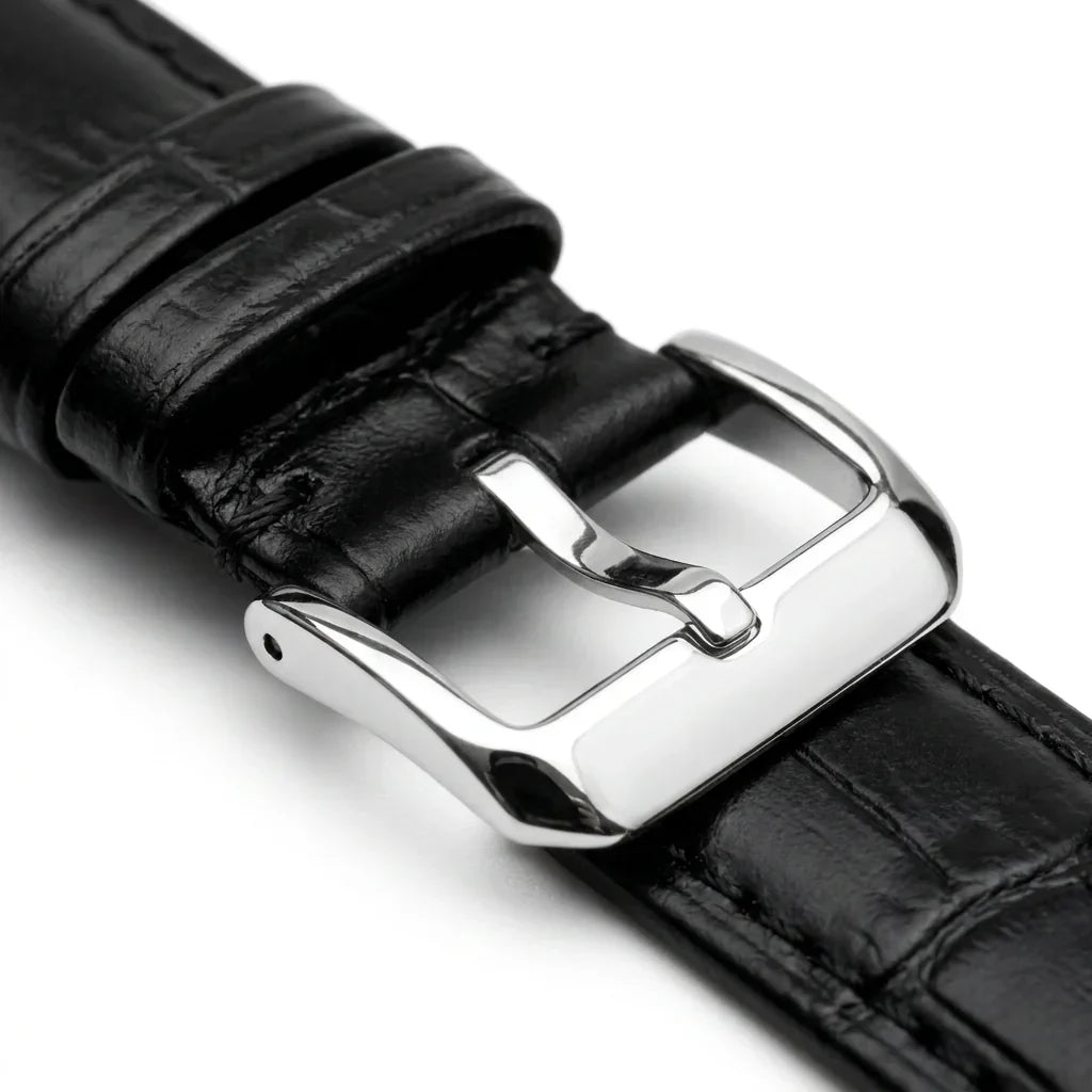 Bonoboss Correa Cuero Premium 22mm Negro - macro detalle hebilla plateada #editorial_wb_buckle_detail #color_negro