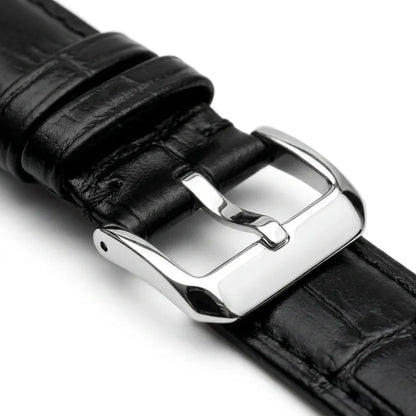 Bonoboss Correa Cuero Premium 22mm Negro - macro detalle hebilla plateada #editorial_wb_buckle_detail #color_negro