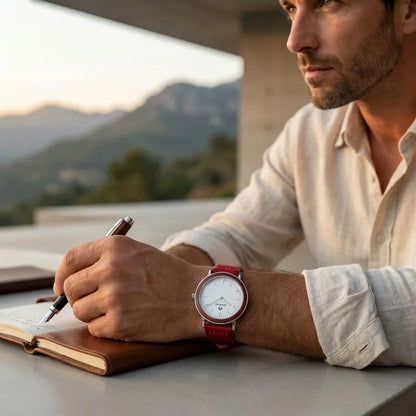 Bonoboss Correa Cuero Premium 22mm Rojo - lifestyle editorial modelo con reloj #editorial_ctx_lifestyle_full #color_rojo