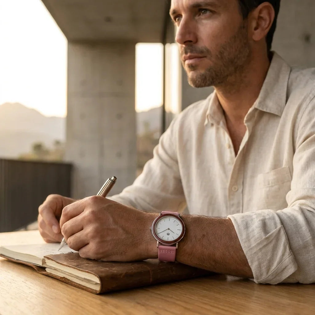 Bonoboss Correa Cuero Premium 22mm Rosado - lifestyle editorial modelo con reloj #editorial_ctx_lifestyle_full #color_rosado