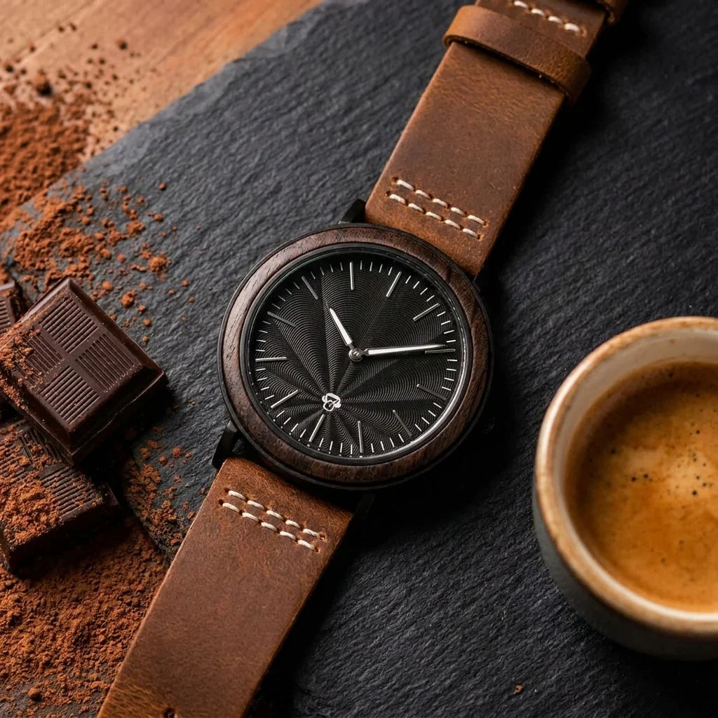 Bonoboss Toki Ébano BlackWave Café - reloj still life chocolate artesanal y espresso #editorial_ctx_chocolate_pairing #color_cafe