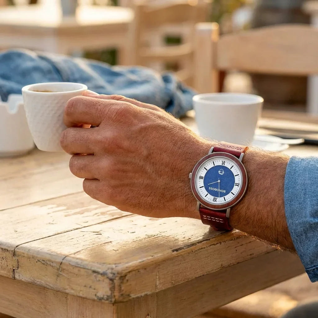 Bonoboss Toki Sándalo Jeans Cuero - lifestyle muneca con espresso en cafe #editorial_ctx_wrist_espresso #color_rojo