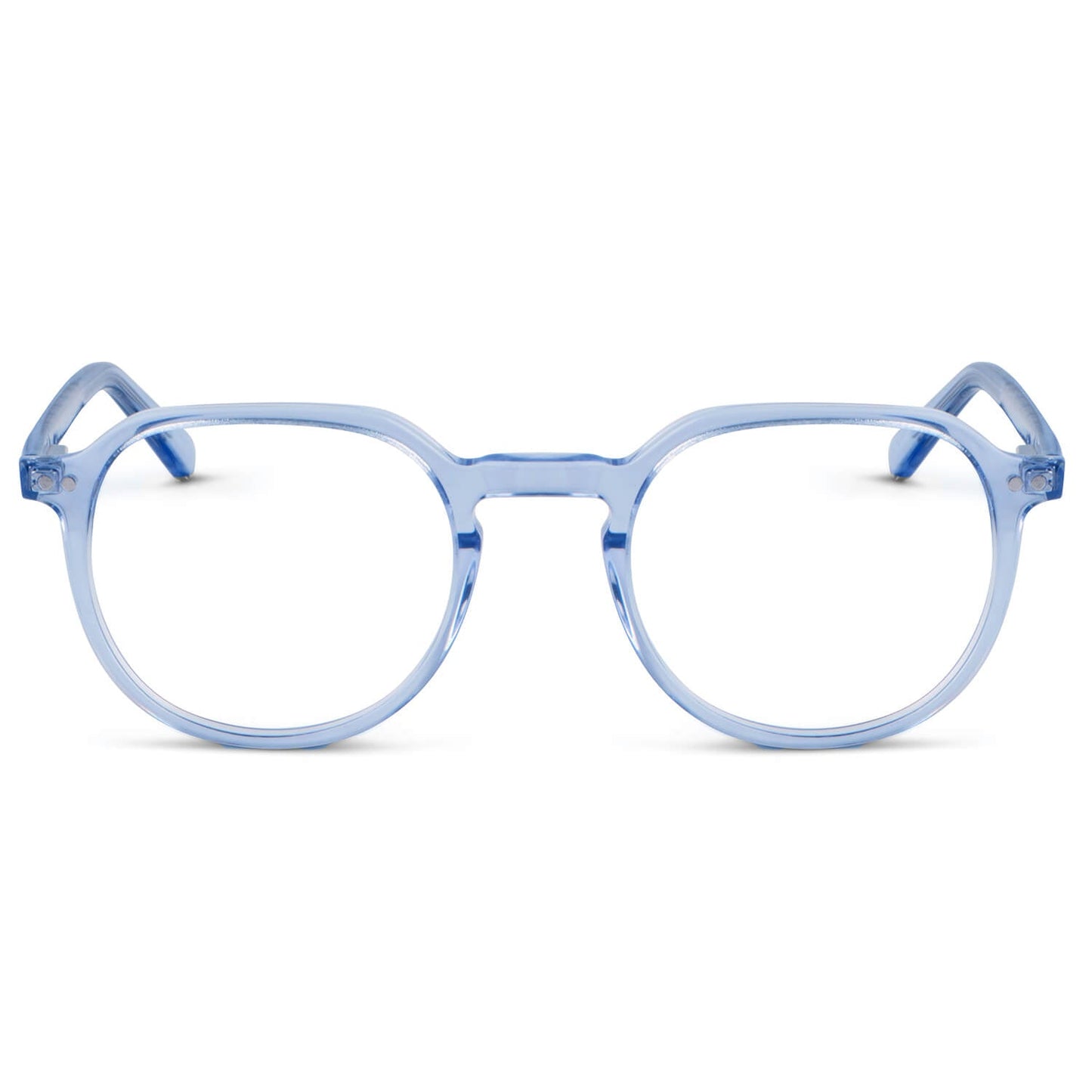anteojos o marcos ópticos con iman o clip de sol polarizados de forma octagonal o redondos para hombres y mujeres de cara redonda grande. Vista frontal y armazones de color azul #color_azul