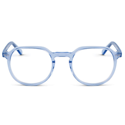 anteojos o marcos ópticos con iman o clip de sol polarizados de forma octagonal o redondos para hombres y mujeres de cara redonda grande. Vista frontal y armazones de color azul #color_azul