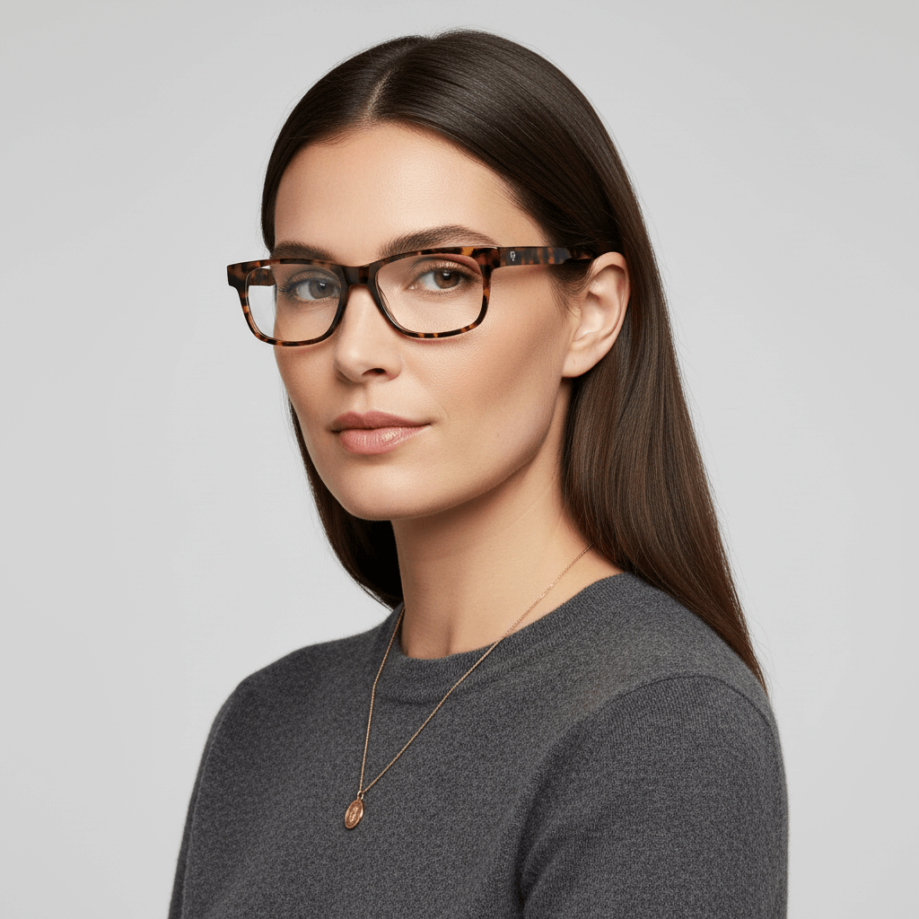 la vista lateral 45º de una modelo mujer de cara redonda usando unos armazones marcos opticos lentes con receta de forma rectangular de #color_carey