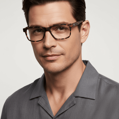 la vista lateral 45º de un modelo hombre de cara redonda usando unos armazones marcos opticos lentes con receta de forma rectangular de #color_carey