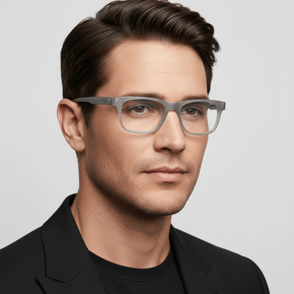 la vista lateral 45º de un hombre de cara ovalada cuadrada usando unos armazones marcos opticos lentes con receta de forma rectangular de #color_transparente