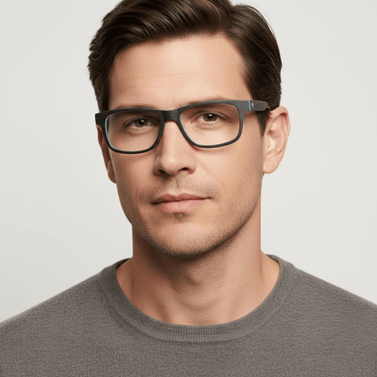 la vista frontal de un modelo hombre de cara ovalada usando armazones marcos opticos con receta Bonoboss de color texturizado en acetato natural biodegradable sustentable reciclado laminao de #color_darkblue