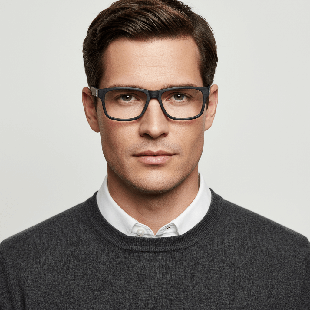 la vista frontal de un modelo hombre de cara ovalada usando armazones marcos opticos con receta Bonoboss en acetato natural biodegradable sustentable reciclado de #color_black