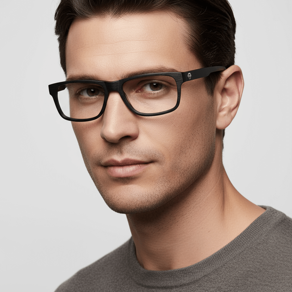 la vista lateral de un modelo hombre de cara ovalada usando armazones marcos opticos con receta Bonoboss en acetato natural biodegradable sustentable reciclado de #color_black