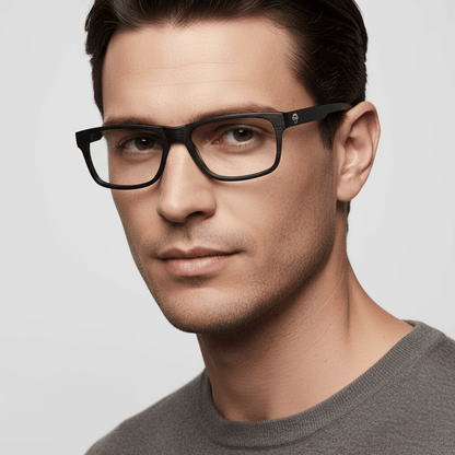 la vista lateral de un modelo hombre de cara ovalada usando armazones marcos opticos con receta Bonoboss en acetato natural biodegradable sustentable reciclado de #color_black