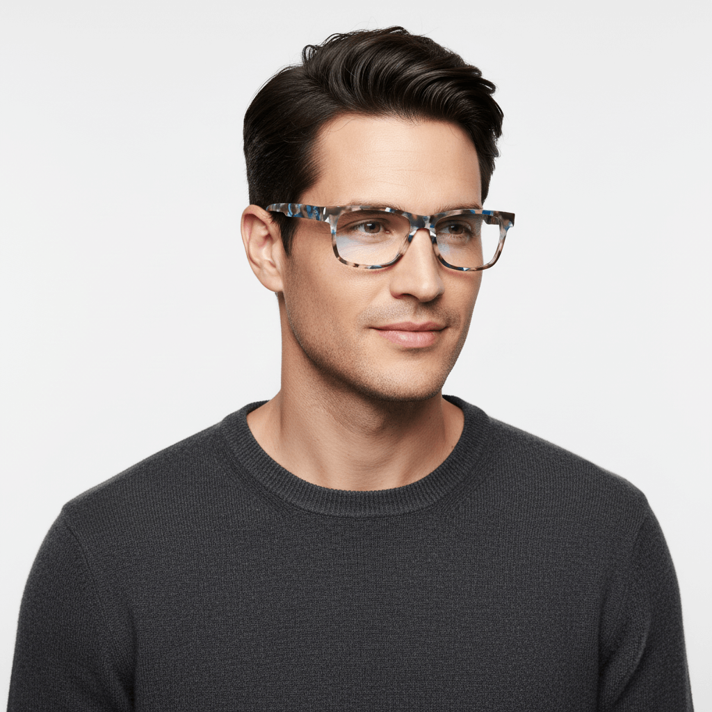 la vista lateral 3/4 de un modelo hombre de cara ovalada usando unos armazones marcos opticos lentes con receta de forma rectangular de #color_blue