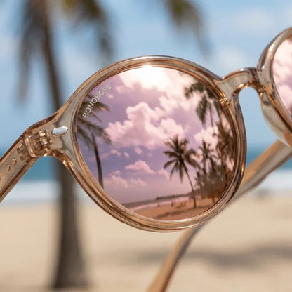 Lentes sol Capri polarizados UV400 RPET reciclado rose gold close-up lente coating espejado detalle optico Bonoboss #editorial_polarizado #color_rose