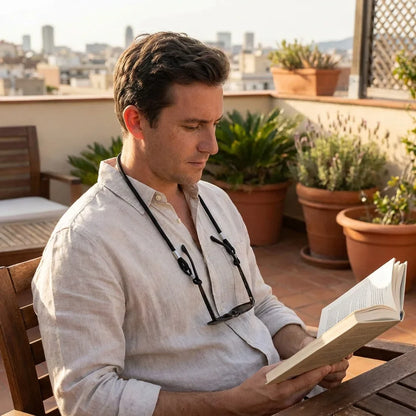 Correa para lentes reciclada negro leyendo en terraza exterior Bonoboss #color_negro