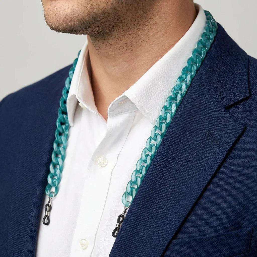 Detalle cercano Strap Acetato Reciclado strap para lentes calipso #color_calipso