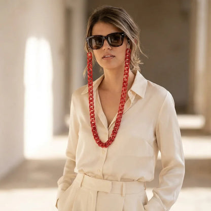 Strap Acetato Reciclado clásico paño microfibra lentes rojo intenso vista frontal con diseño Bonoboss #color_rojo