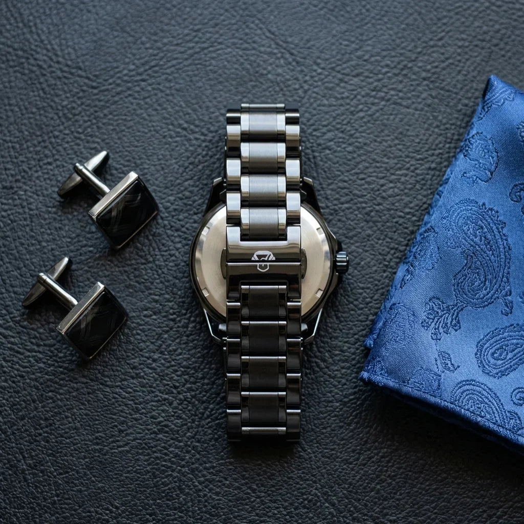 Correa de acero inoxidable para reloj negro flat lay luxury accesorios Bonoboss #color_negro
