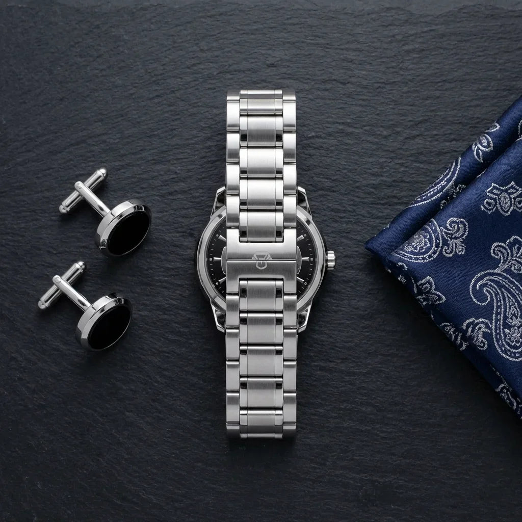 Correa de acero inoxidable para reloj plateado flat lay luxury accesorios Bonoboss #color_plateado