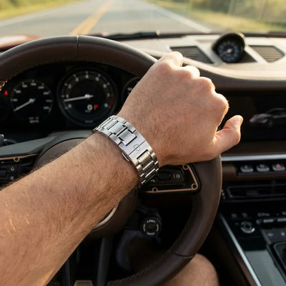 Correa de acero inoxidable para reloj plateado mano en volante auto premium Bonoboss #color_plateado