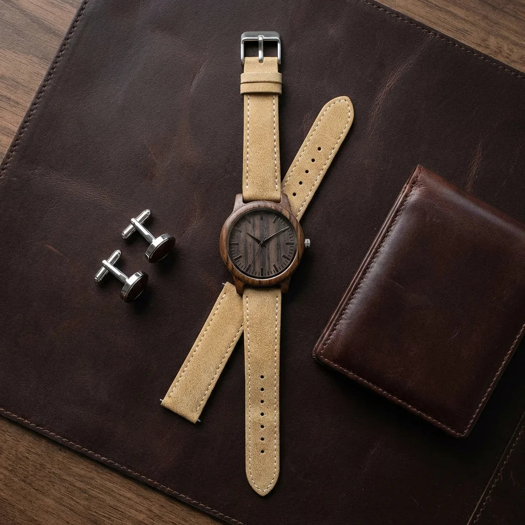 Correa de cuero para reloj flat lay accesorios masculinos cuero Bonoboss