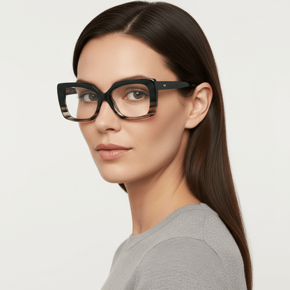 la vista lateral de una mujer de cara ovalada y pelo liso largo suelto usando unos armazones marcos opticos sustentables en acetato reciclado Bonoboss de forma rectangular oversized grandes de #color_honey-green