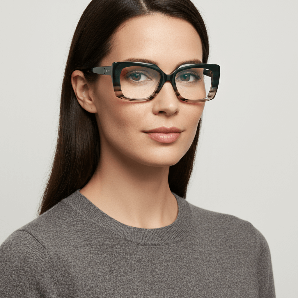 la vista lateral opuesta de una mujer de cara ovalada y pelo liso largo suelto usando unos armazones marcos opticos sustentables en acetato reciclado Bonoboss de forma rectangular oversized grandes de #color_honey-green