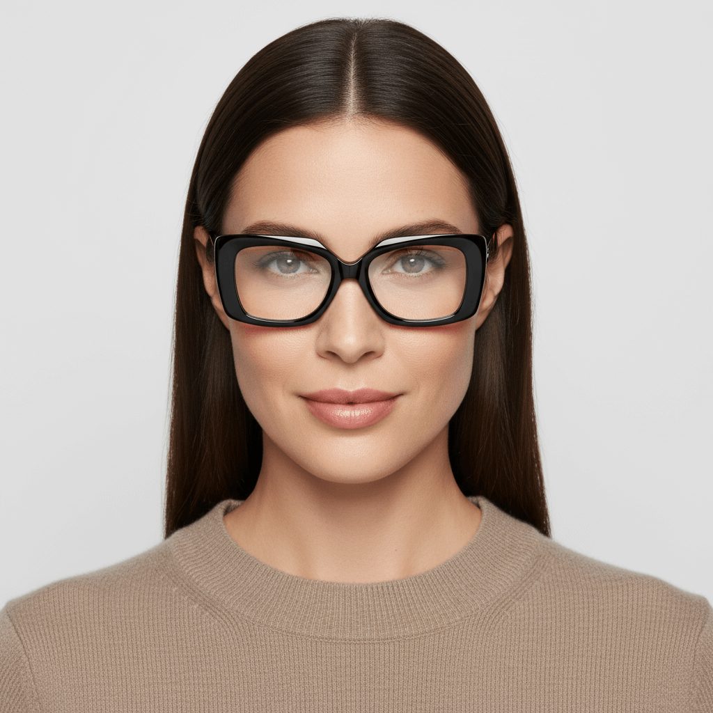 la vista frontal de una mujer de cara ovalada y pelo liso largo suelto usando unos armazones marcos opticos sustentables en acetato reciclado Bonoboss de forma rectangular oversized grandes de #color_negro