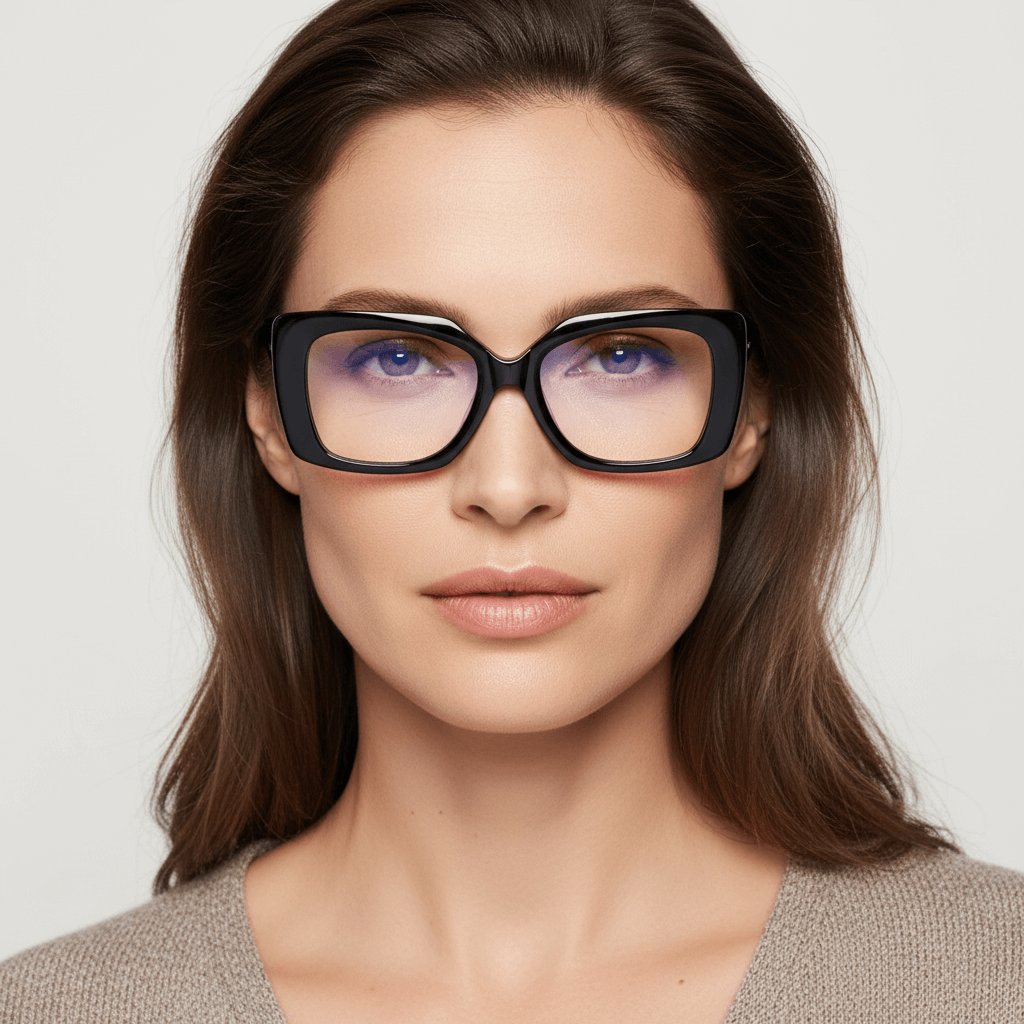 la vista frontal de una mujer de cara ovalada y pelo ondulado al hombro suelto usando unos armazones marcos opticos sustentables en acetato reciclado Bonoboss de forma rectangular oversized grandes de #color_negro