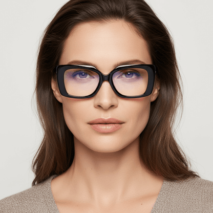 la vista frontal de una mujer de cara ovalada y pelo ondulado al hombro suelto usando unos armazones marcos opticos sustentables en acetato reciclado Bonoboss de forma rectangular oversized grandes de #color_negro