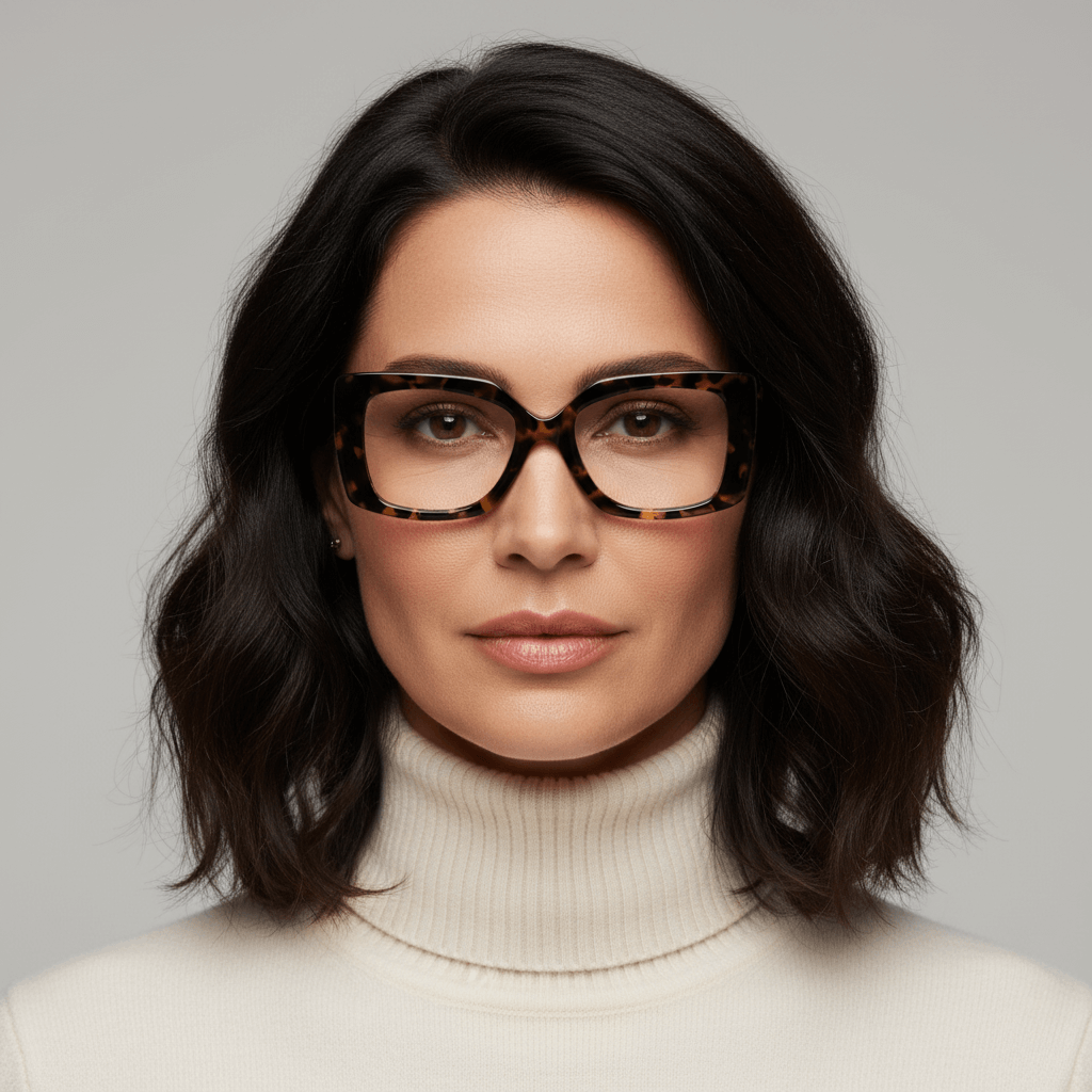 la vista frontal de una mujer de cara redonda y pelo ondulado corto suelto usando unos armazones marcos opticos sustentables en acetato reciclado Bonoboss de forma rectangular oversized grandes de #color_carey